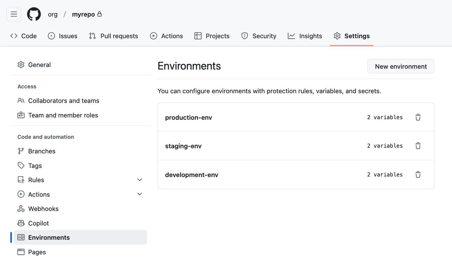 GitHub environment configuration for a repository"