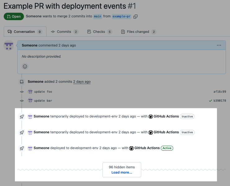 Example of a noisy pull request conversation tab full with deployment events
