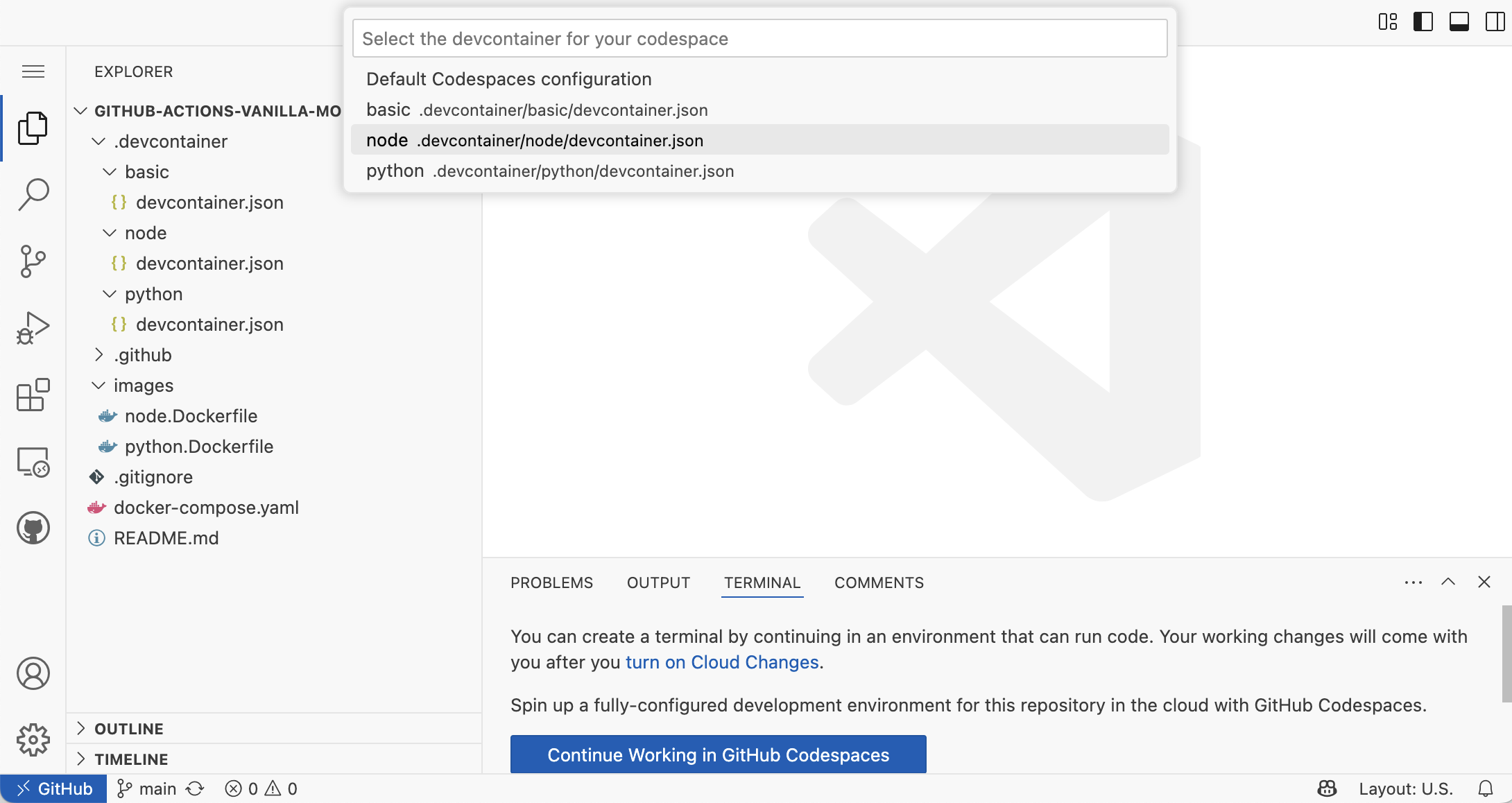 Starting a Codespace wit hdevcontainers in the VSCode for the Web